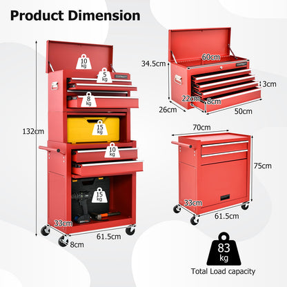 Lockable Tool Storage Cabinet with Handle, Drawers, Wheels and EVA Liner-Red