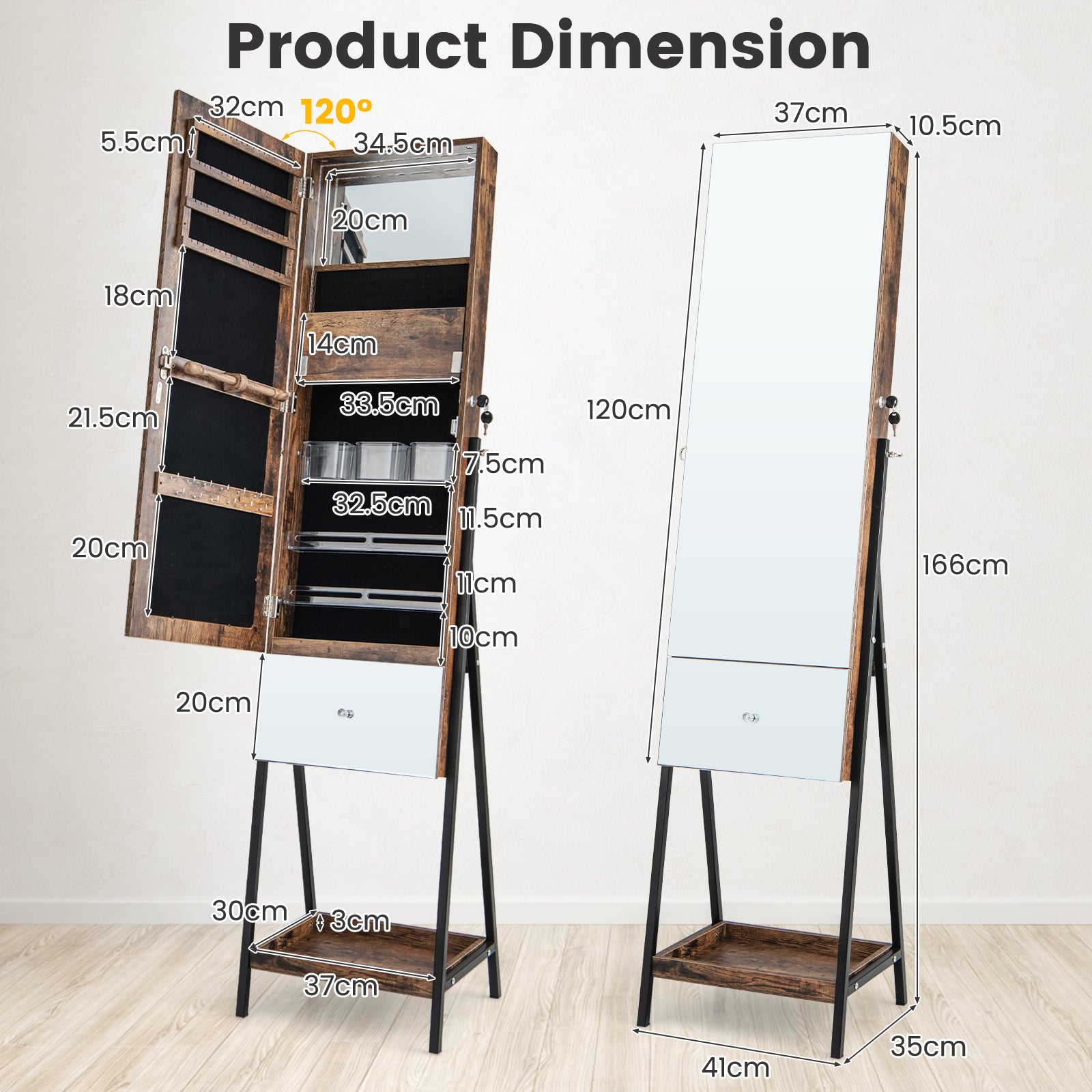 Lockable Freestanding Jewelry Cabinet Armoire with Full-Length Frameless Mirror-Rustic Brown