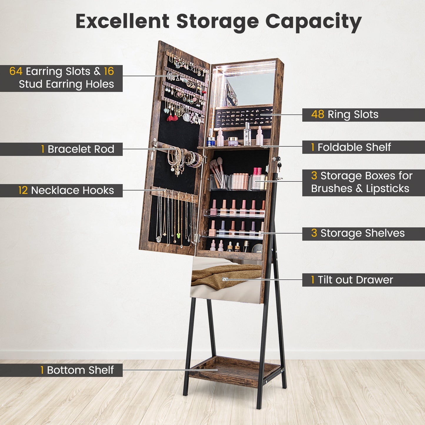 Lockable Freestanding Jewelry Cabinet Armoire with Full-Length Frameless Mirror-Rustic Brown