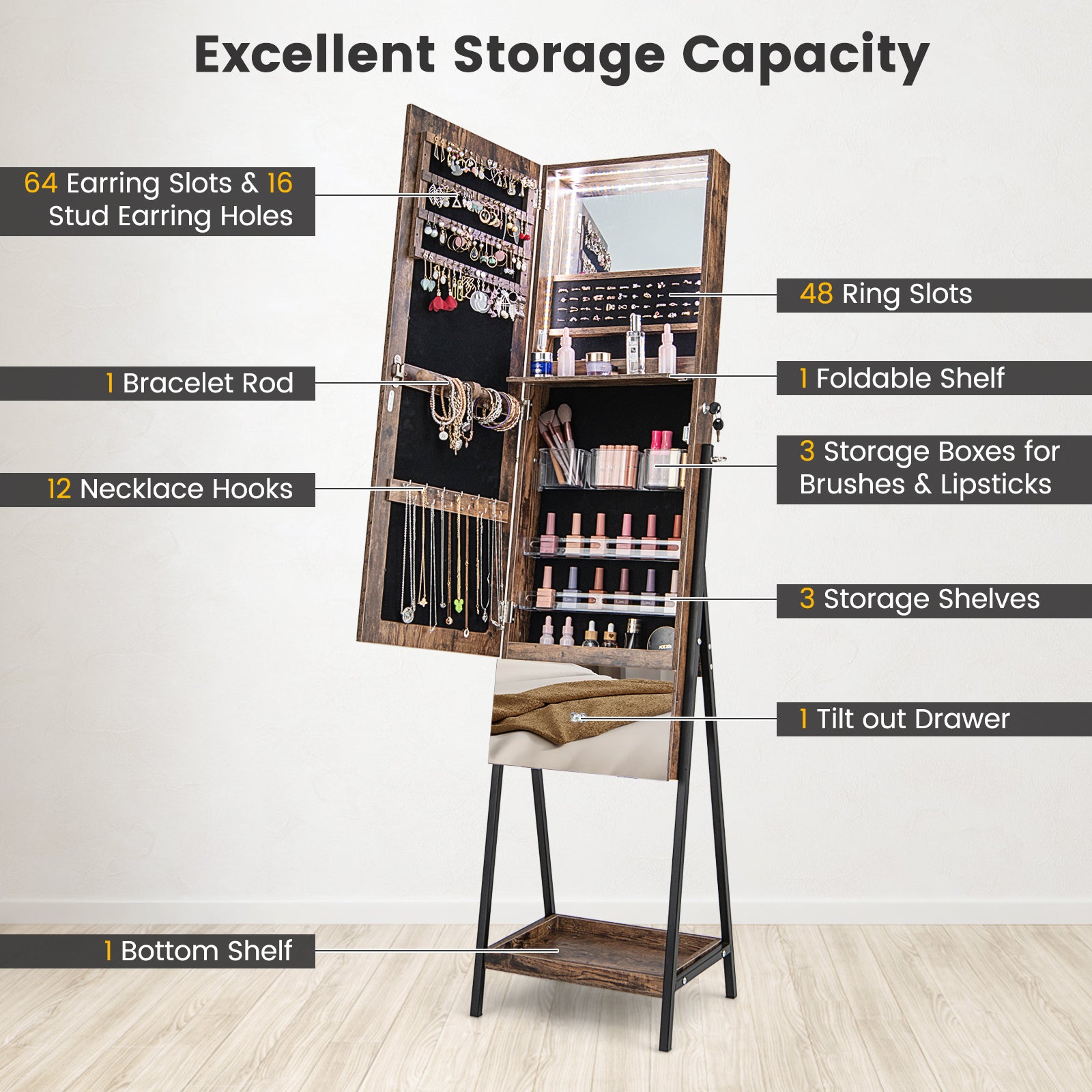 Lockable Freestanding Jewelry Cabinet Armoire with Full-Length Frameless Mirror-Rustic Brown