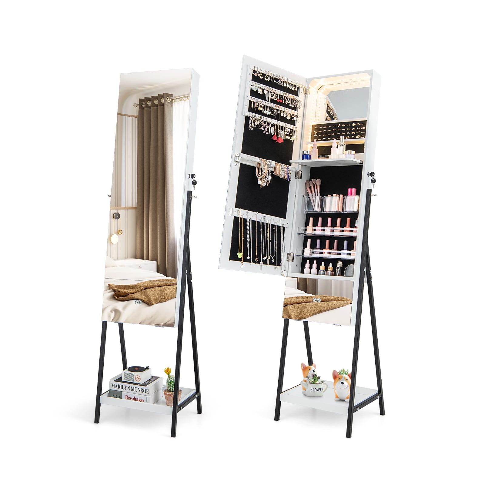 Lockable Freestanding Jewelry Cabinet Armoire with Full-Length Frameless Mirror-White