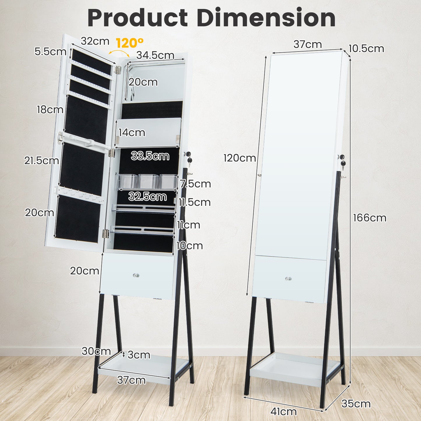 Lockable Freestanding Jewelry Cabinet Armoire with Full-Length Frameless Mirror-White