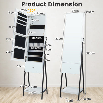 Lockable Freestanding Jewelry Cabinet Armoire with Full-Length Frameless Mirror-White