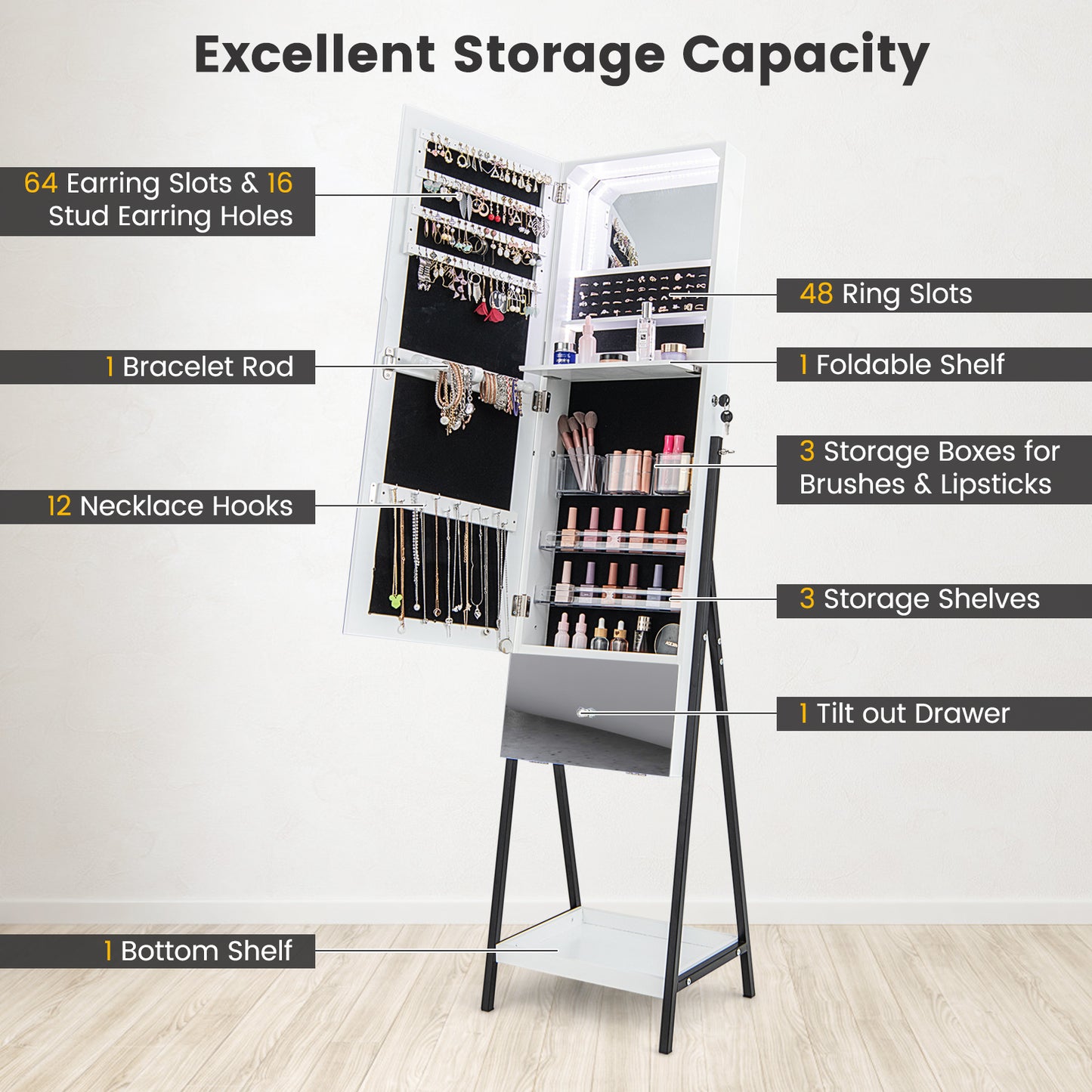 Lockable Freestanding Jewelry Cabinet Armoire with Full-Length Frameless Mirror-White