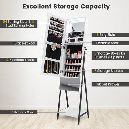 Lockable Freestanding Jewelry Cabinet Armoire with Full-Length Frameless Mirror-White