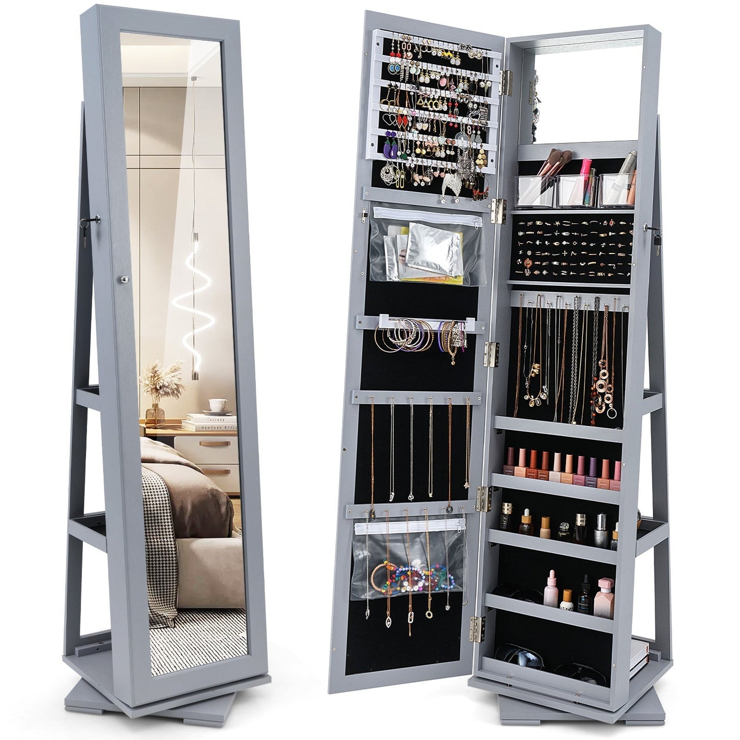 360° Rotatable 2-in-1 Lockable Jewelry Cabinet with Full-Length Mirror-Gray