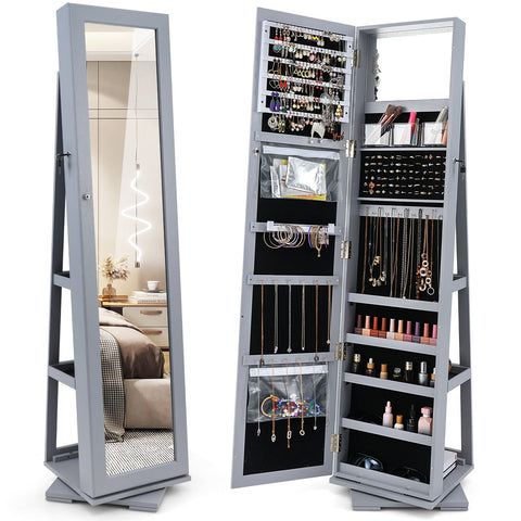 360° Rotatable 2-in-1 Lockable Jewelry Cabinet with Full-Length Mirror-Gray