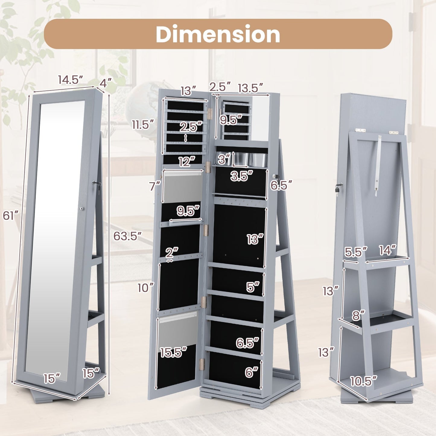 360° Rotatable 2-in-1 Lockable Jewelry Cabinet with Full-Length Mirror-Gray