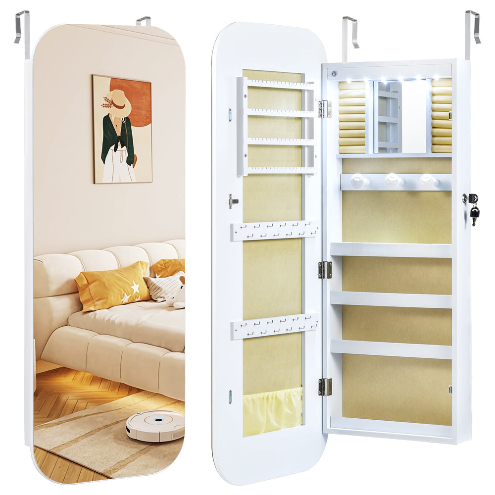 Lockable Jewelry Cabinet with Full-Length Mirror and Storage Shelves-White