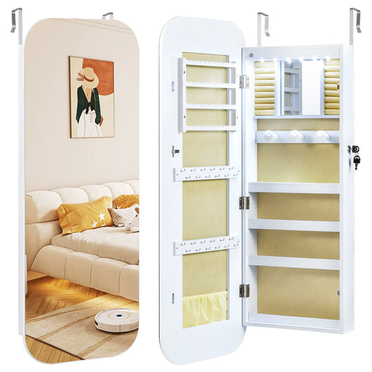Lockable Jewelry Cabinet with Full-Length Mirror and Storage Shelves-White