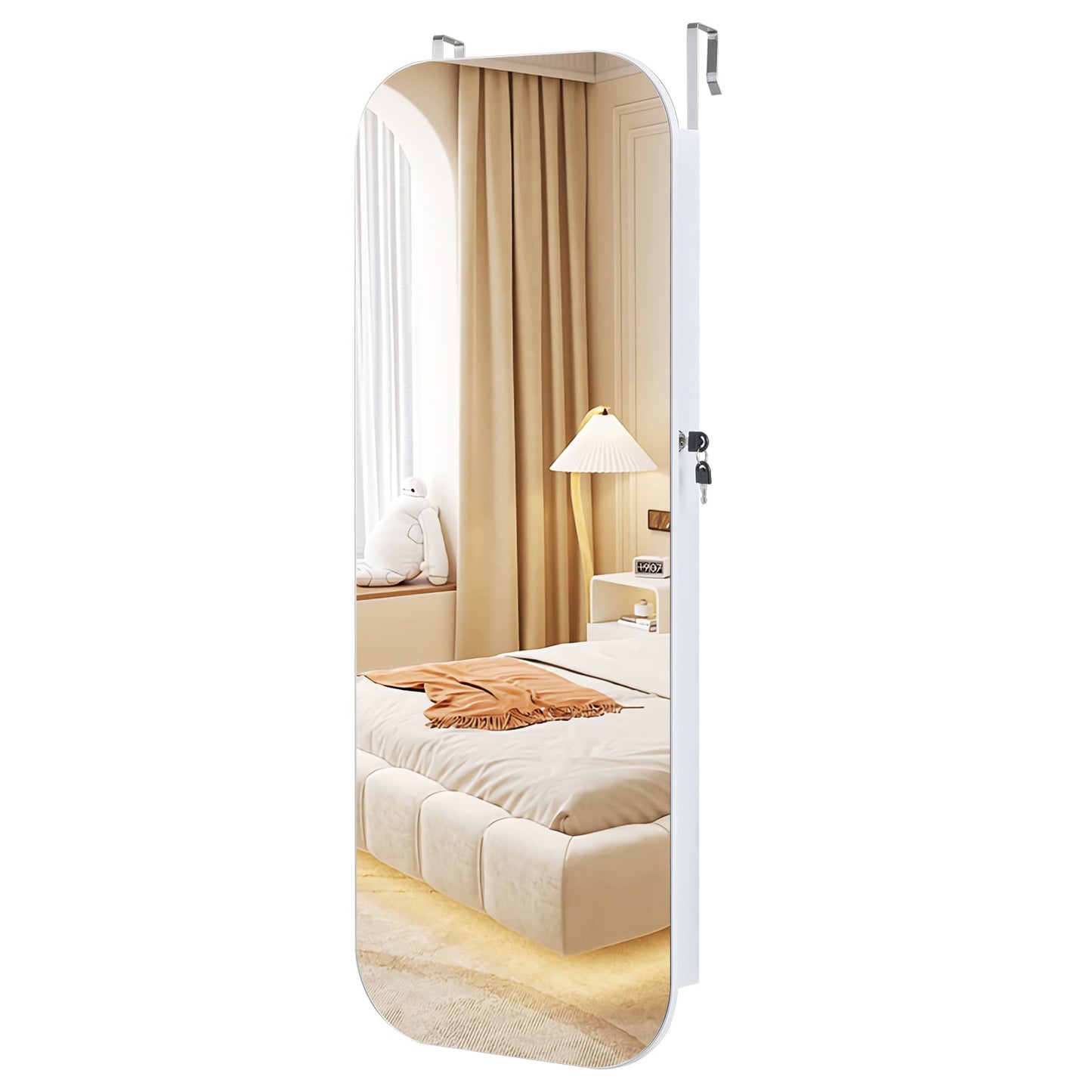 Lockable Jewelry Cabinet with Full-Length Mirror and Storage Shelves-White