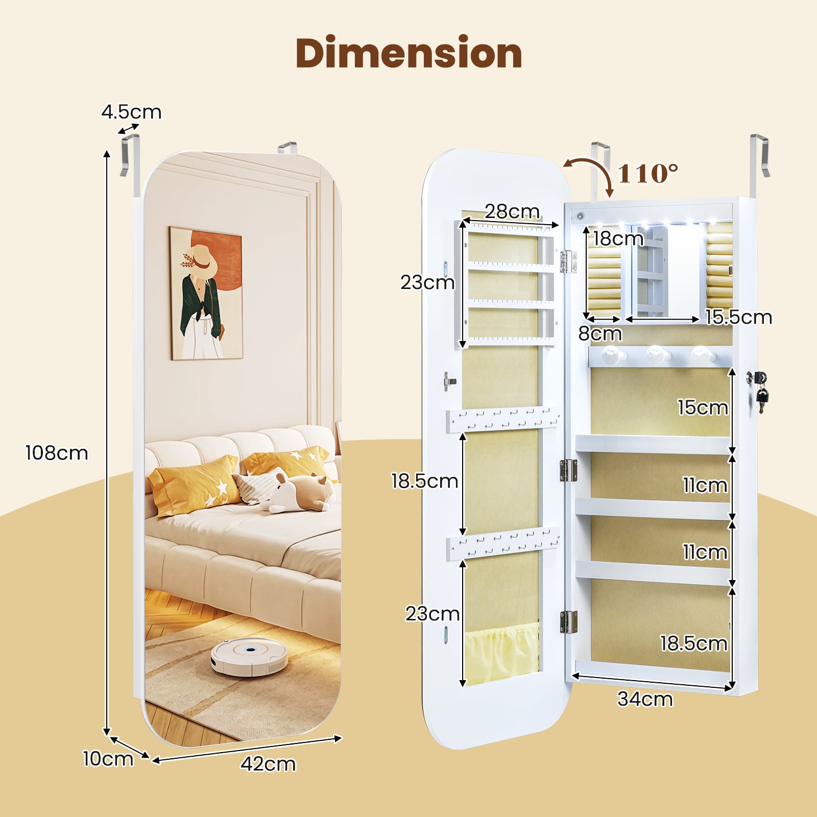 Lockable Jewelry Cabinet with Full-Length Mirror and Storage Shelves-White