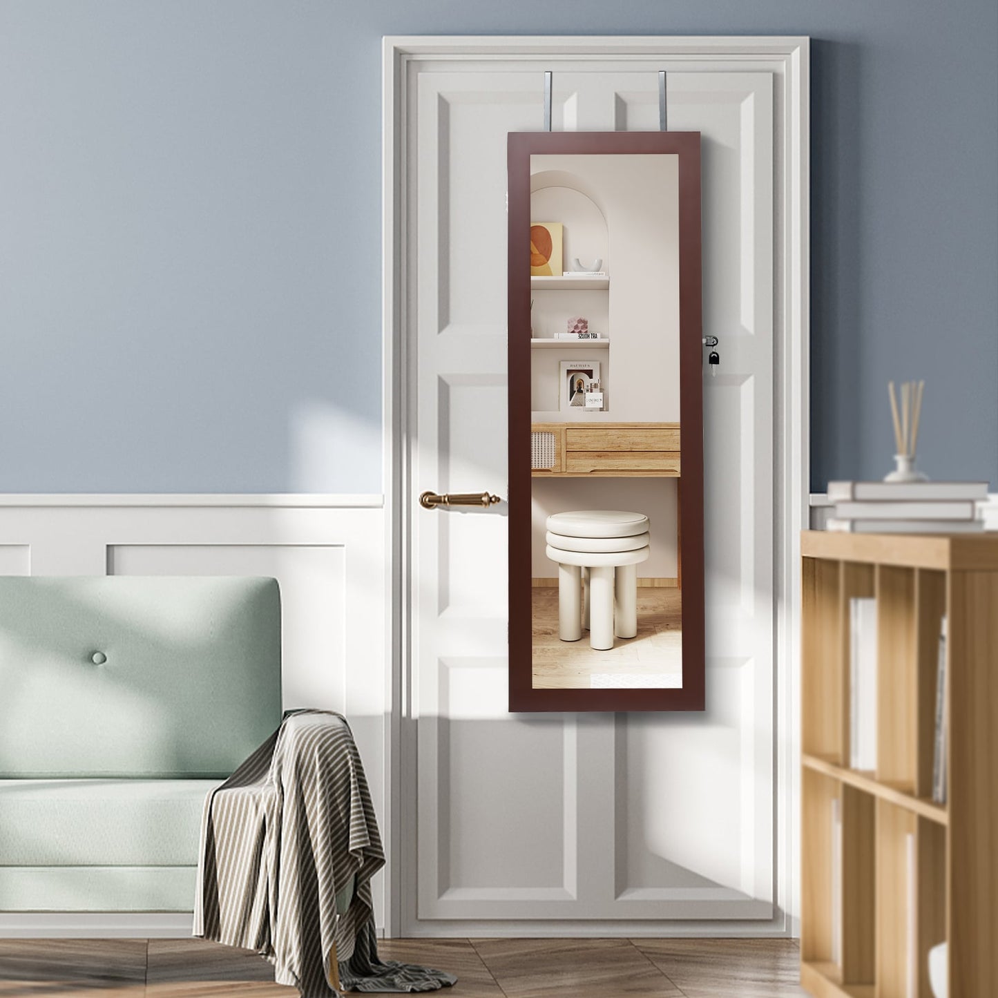 Lockable Jewelry Cabinet with Full Length Mirror and LED Lights-Brown