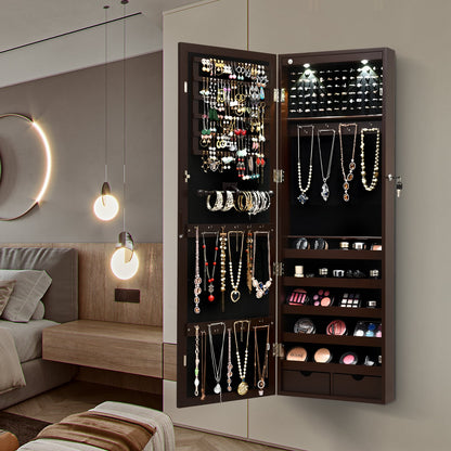 Lockable Jewelry Cabinet with Full Length Mirror and LED Lights-Brown