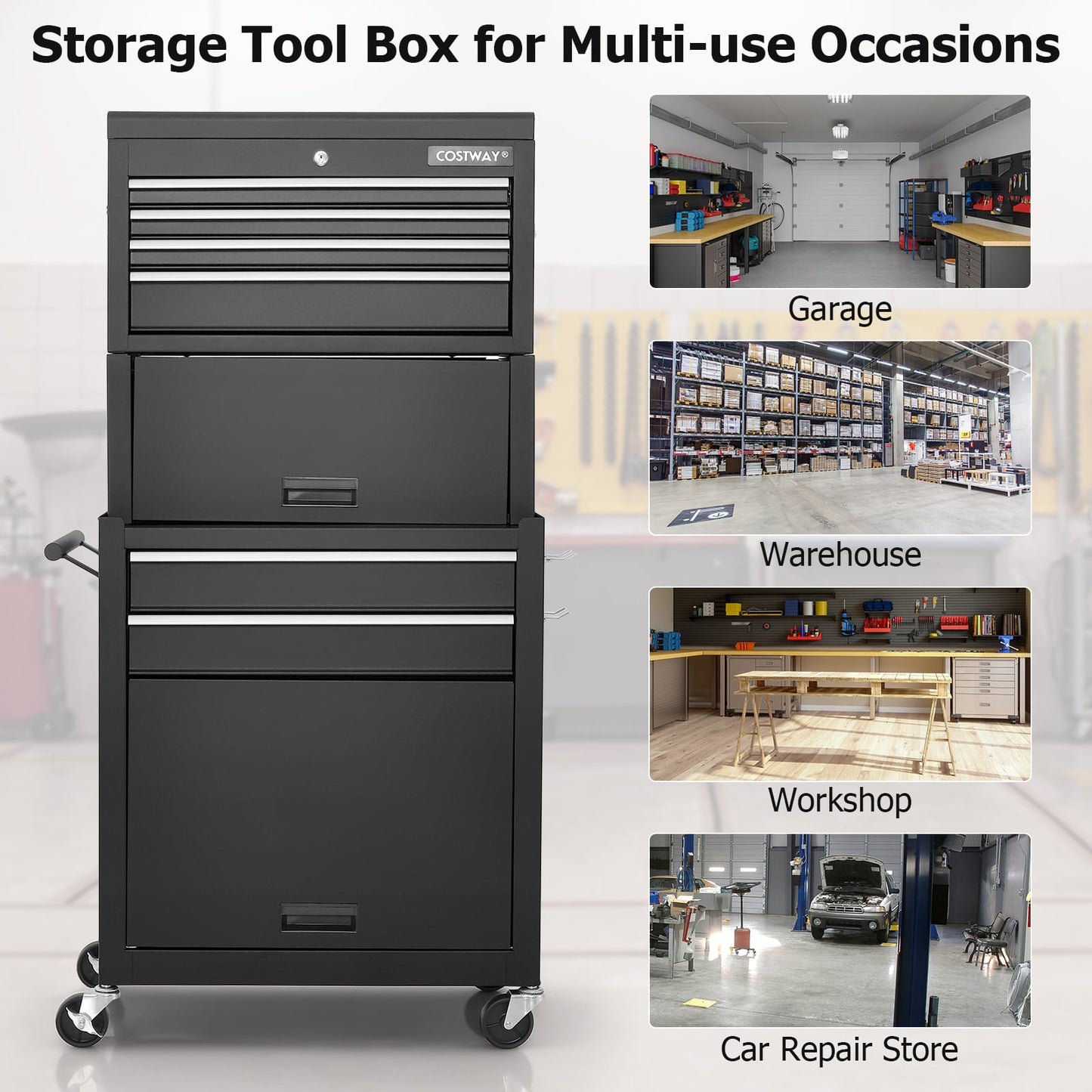 Lockable Tool Storage Cabinet with Handle, Drawers, Wheels and EVA Liner-Black