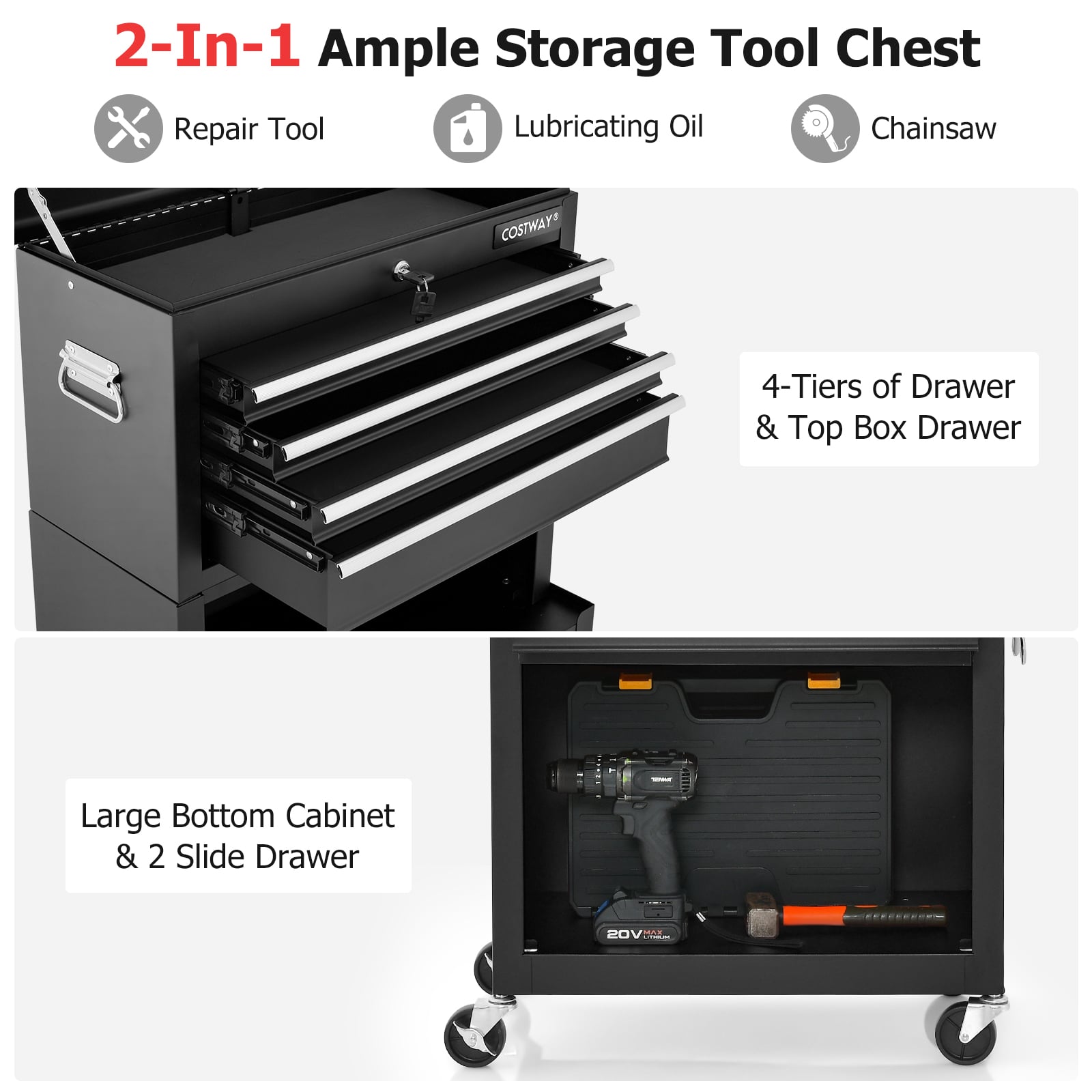 Lockable Tool Storage Cabinet with Handle, Drawers, Wheels and EVA Liner-Black