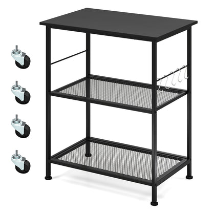 Lockable Trolley with Flexible Wheels, 2 Mesh Shelves and 5 Hanging Hooks-Black