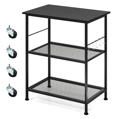 Lockable Trolley with Flexible Wheels, 2 Mesh Shelves and 5 Hanging Hooks-Black