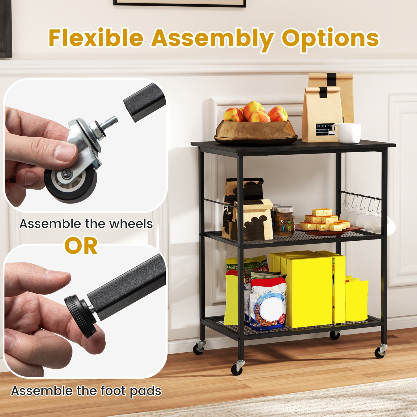 Lockable Trolley with Flexible Wheels, 2 Mesh Shelves and 5 Hanging Hooks-Black