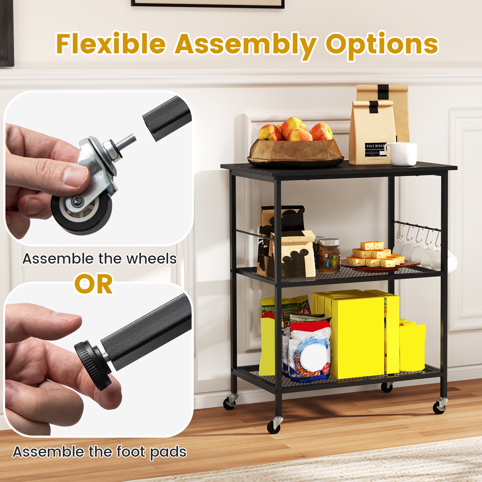 Lockable Trolley with Flexible Wheels, 2 Mesh Shelves and 5 Hanging Hooks-Black