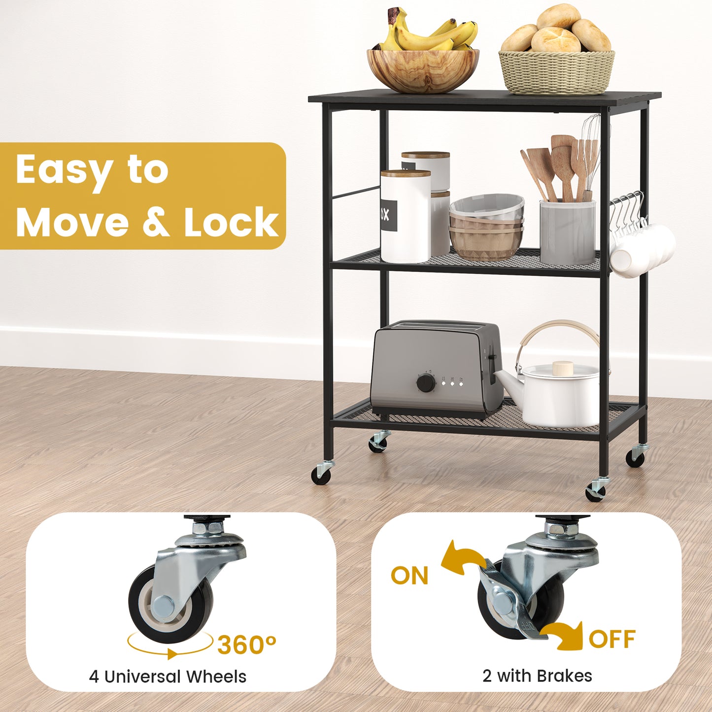 Lockable Trolley with Flexible Wheels, 2 Mesh Shelves and 5 Hanging Hooks-Black