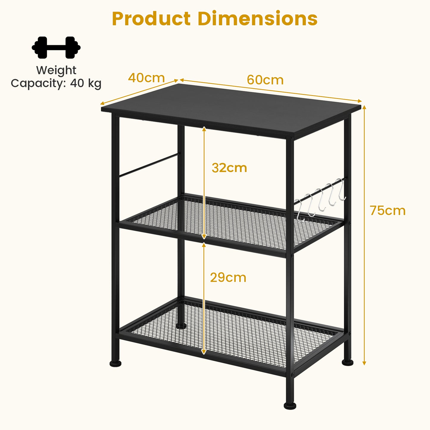 Lockable Trolley with Flexible Wheels, 2 Mesh Shelves and 5 Hanging Hooks-Black