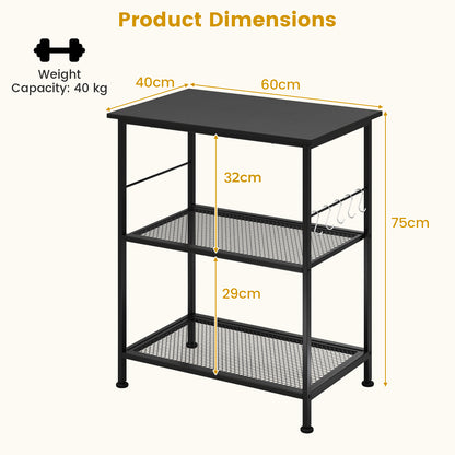 Lockable Trolley with Flexible Wheels, 2 Mesh Shelves and 5 Hanging Hooks-Black