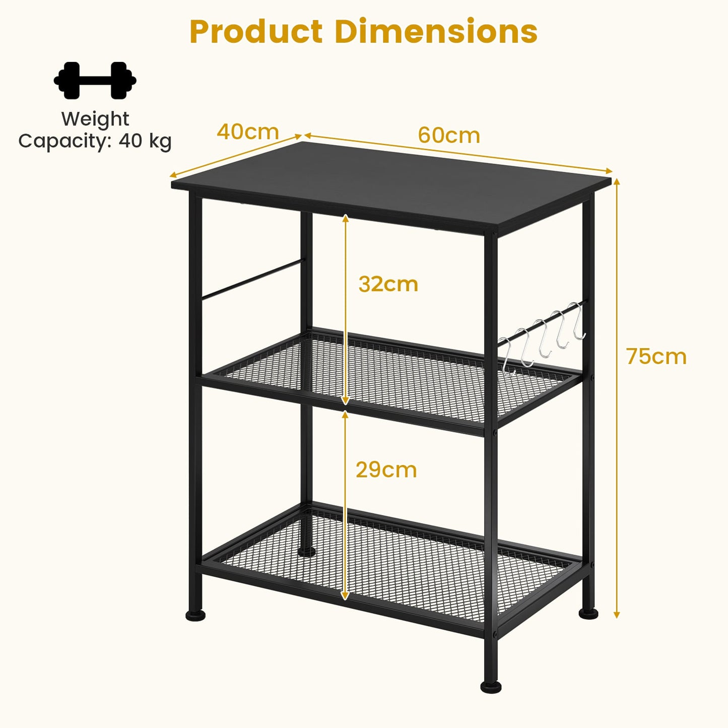 Lockable Trolley with Flexible Wheels, 2 Mesh Shelves and 5 Hanging Hooks-Black