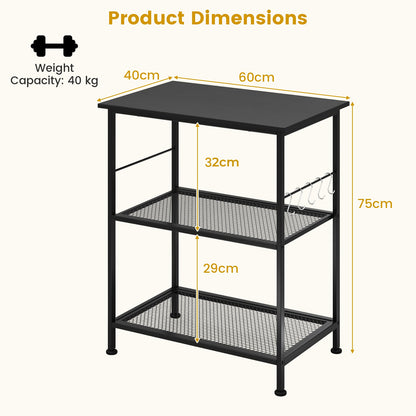 Lockable Trolley with Flexible Wheels, 2 Mesh Shelves and 5 Hanging Hooks-Black