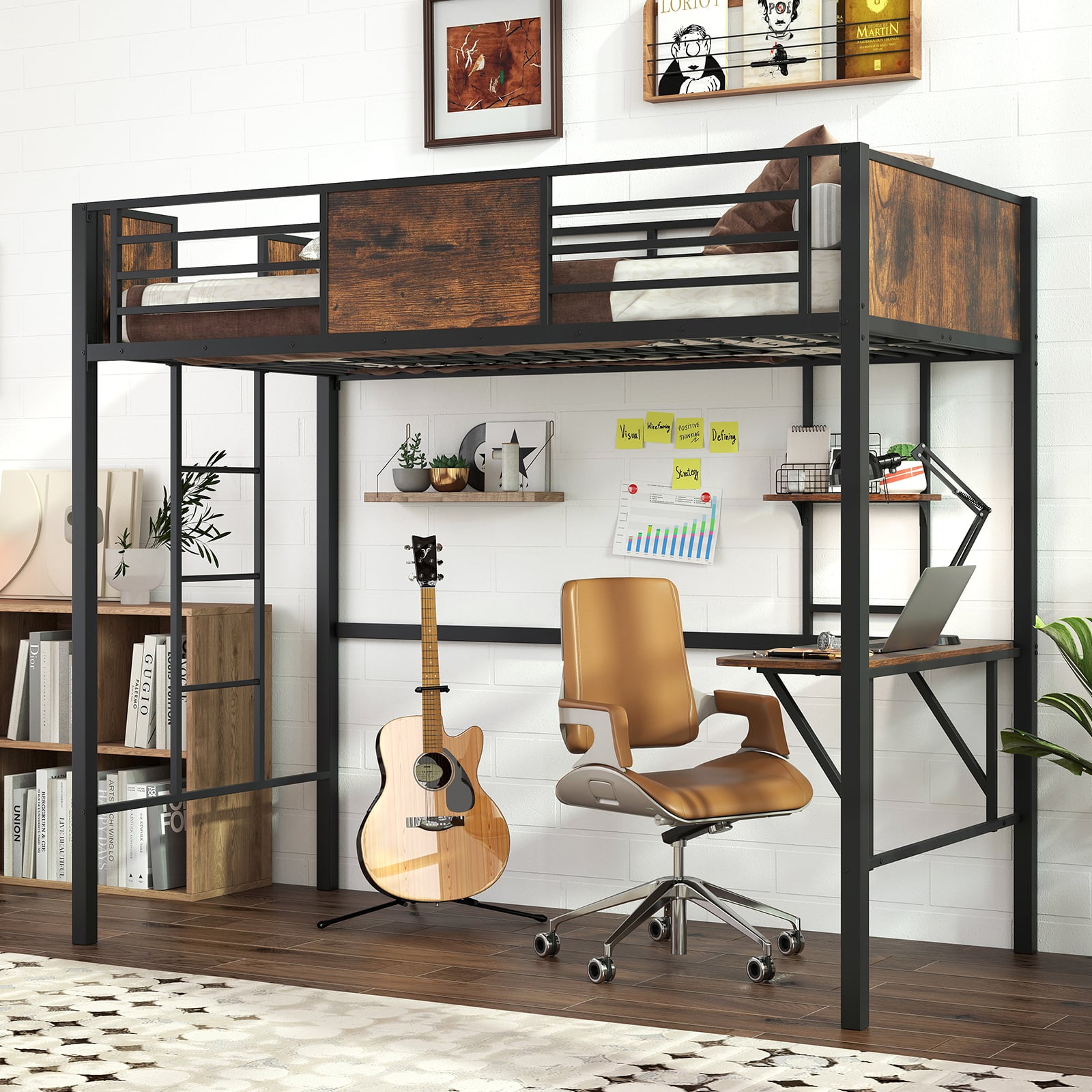 Loft Bed Single Size Heavy Duty Metal Bedframe with Desk-Rustic Brown