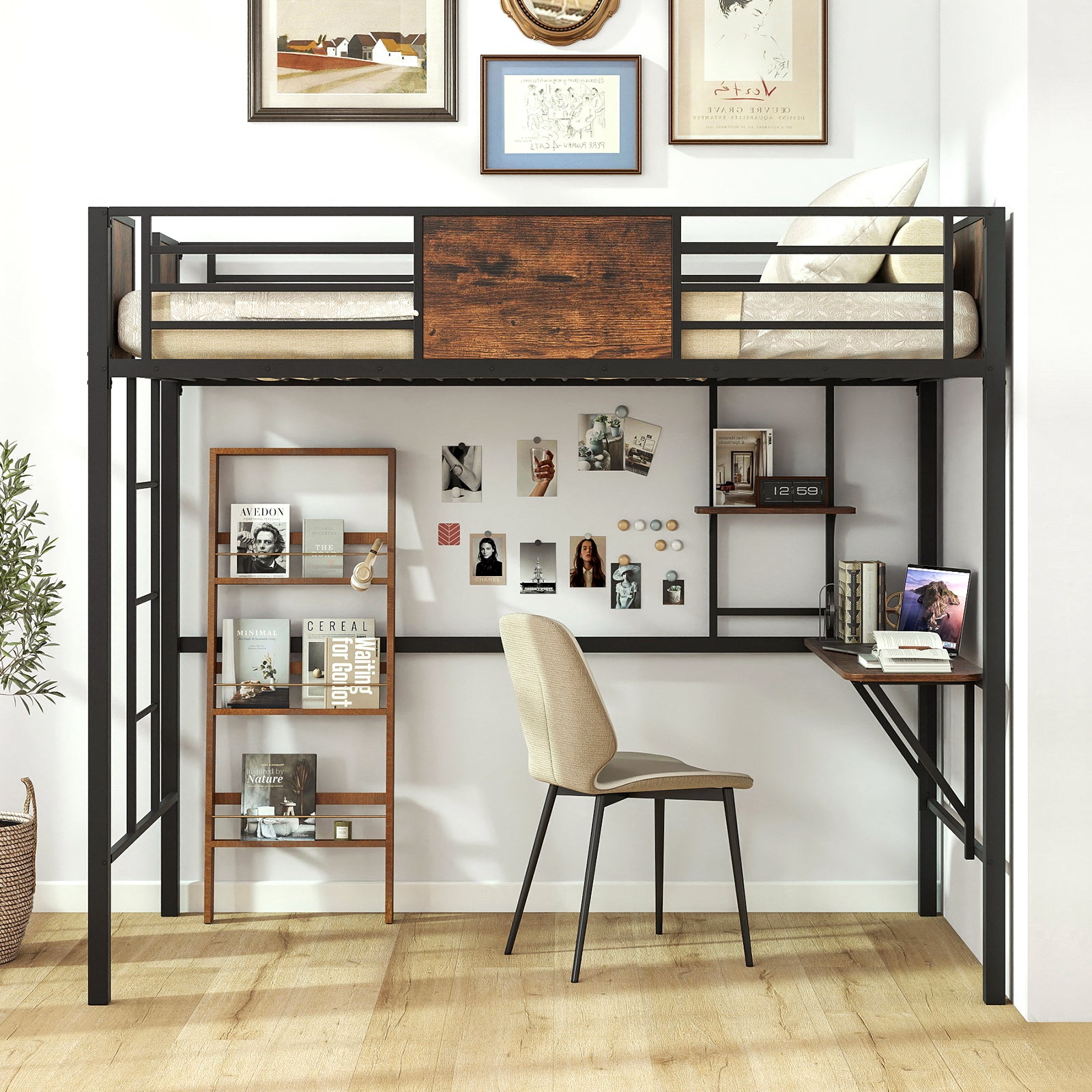 Loft Bed Single Size Heavy Duty Metal Bedframe with Desk-Rustic Brown