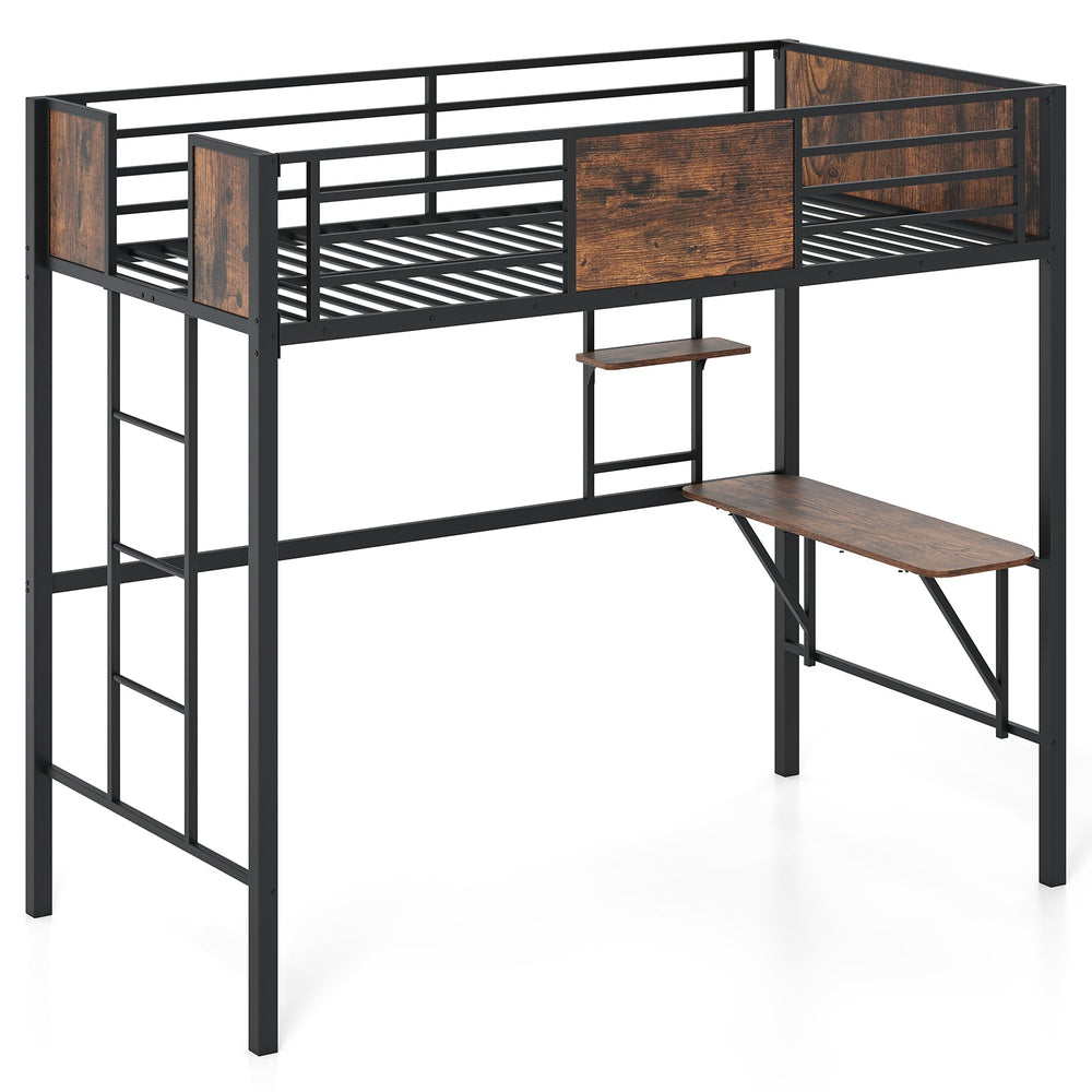 Loft Bed Single Size Heavy Duty Metal Bedframe with Desk-Rustic Brown