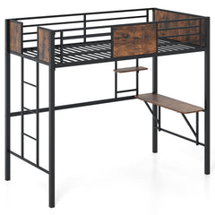 Loft Bed Single Size Heavy Duty Metal Bedframe with Desk-Rustic Brown