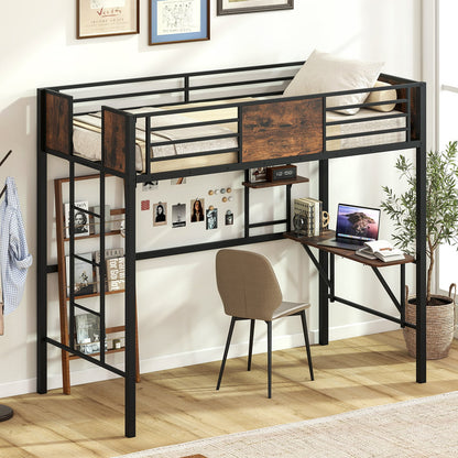 Loft Bed Single Size Heavy Duty Metal Bedframe with Desk-Rustic Brown