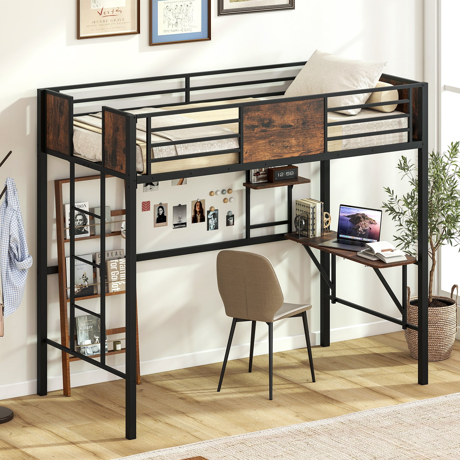 Loft Bed Single Size Heavy Duty Metal Bedframe with Desk-Rustic Brown
