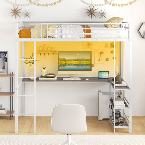 Loft Bed with Desk Single Platform Bed with LED Charging Station and Storage-White