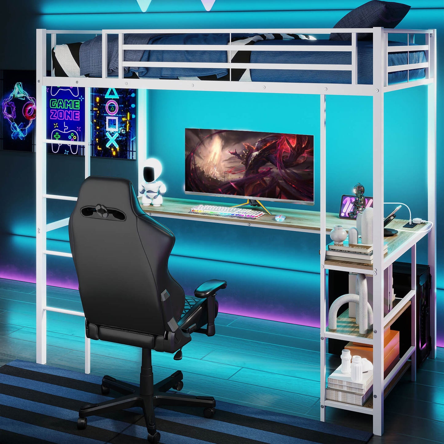 Loft Bed with Desk Single Platform Bed with LED Charging Station and Storage-White