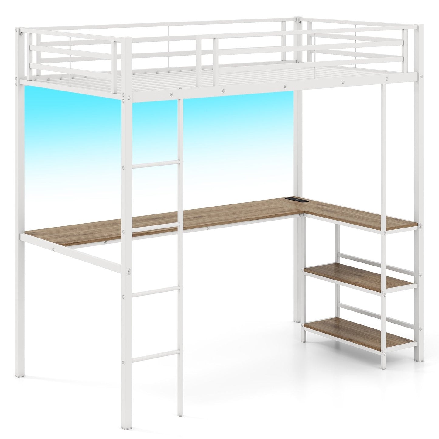 Loft Bed with Desk Single Platform Bed with LED Charging Station and Storage-White