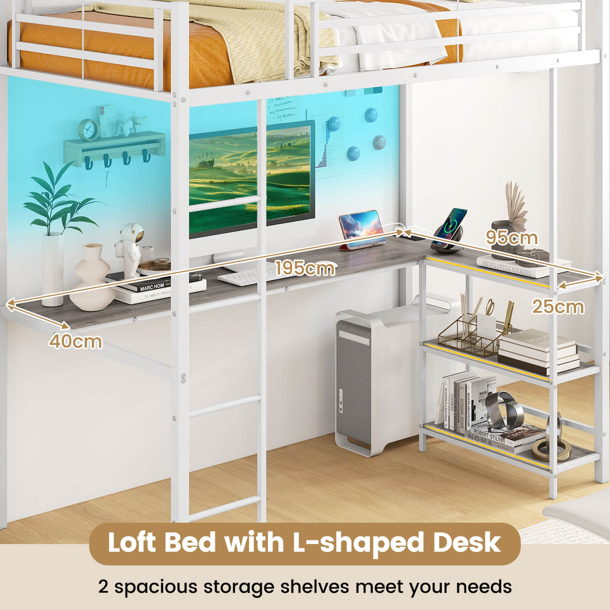 Loft Bed with Desk Single Platform Bed with LED Charging Station and Storage-White