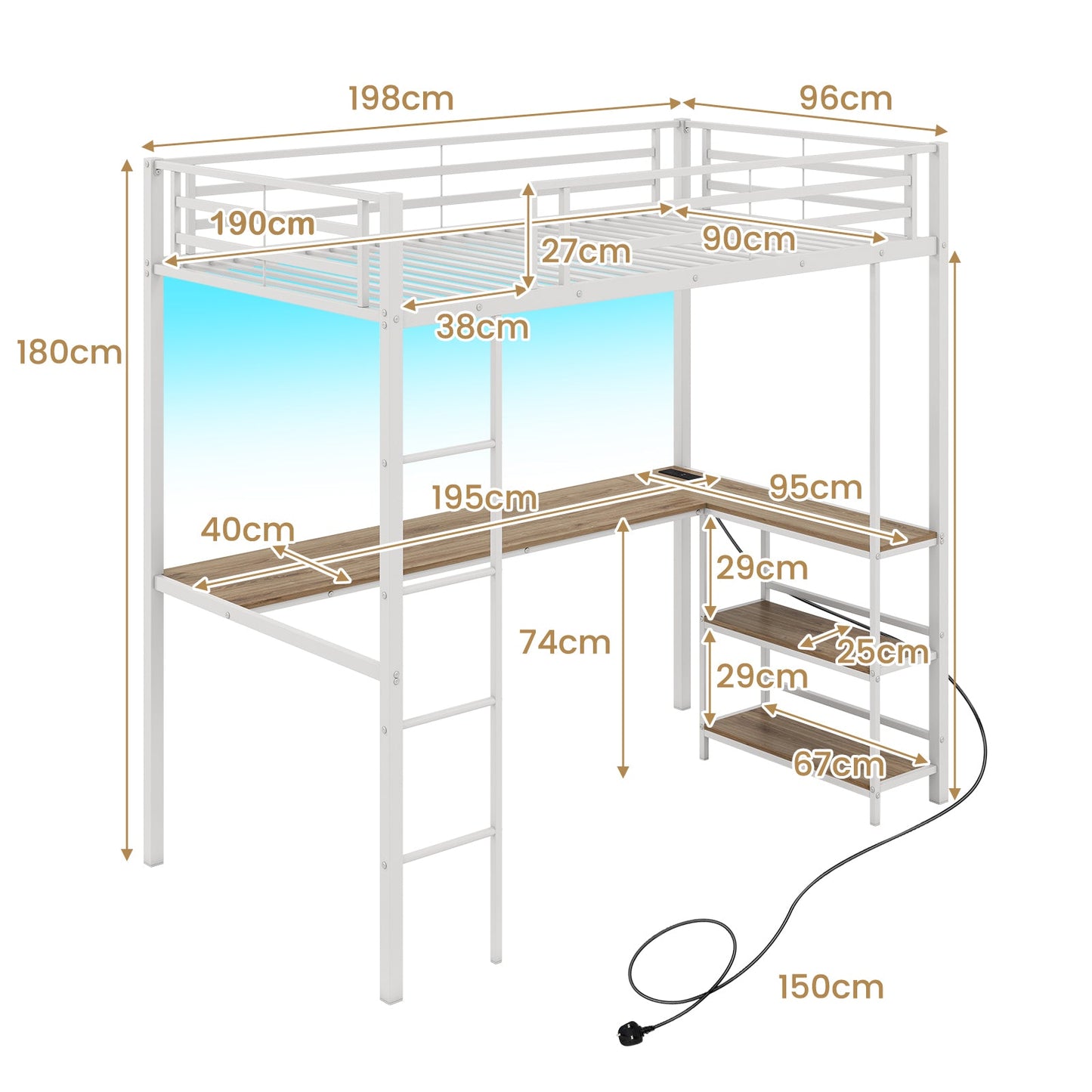 Loft Bed with Desk Single Platform Bed with LED Charging Station and Storage-White