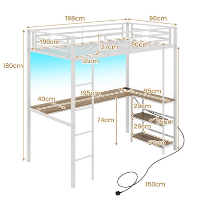 Loft Bed with Desk Single Platform Bed with LED Charging Station and Storage-White