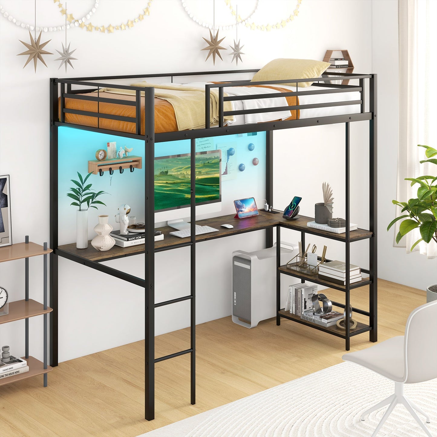 Loft Bed with Desk Single Platform Bed with LED Charging Station and Storage-Black