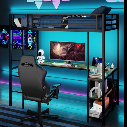 Loft Bed with Desk Single Platform Bed with LED Charging Station and Storage-Black