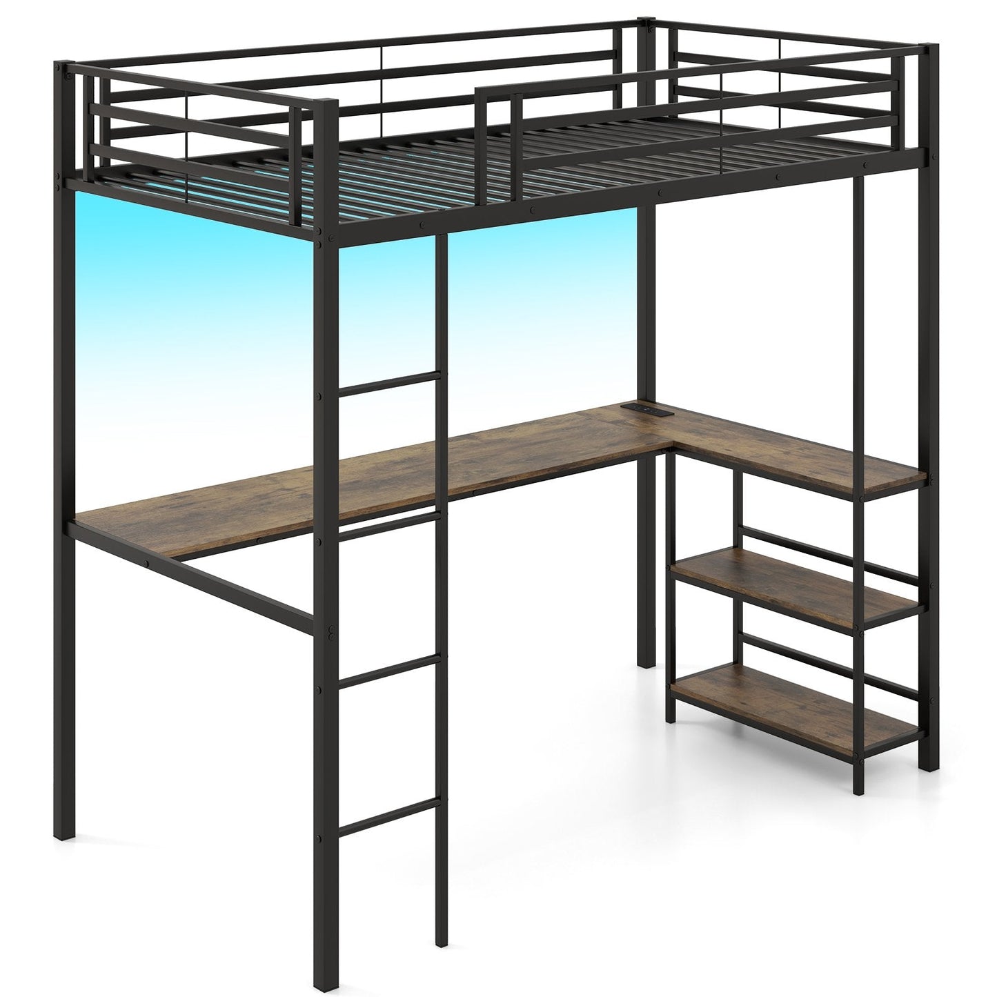 Loft Bed with Desk Single Platform Bed with LED Charging Station and Storage-Black