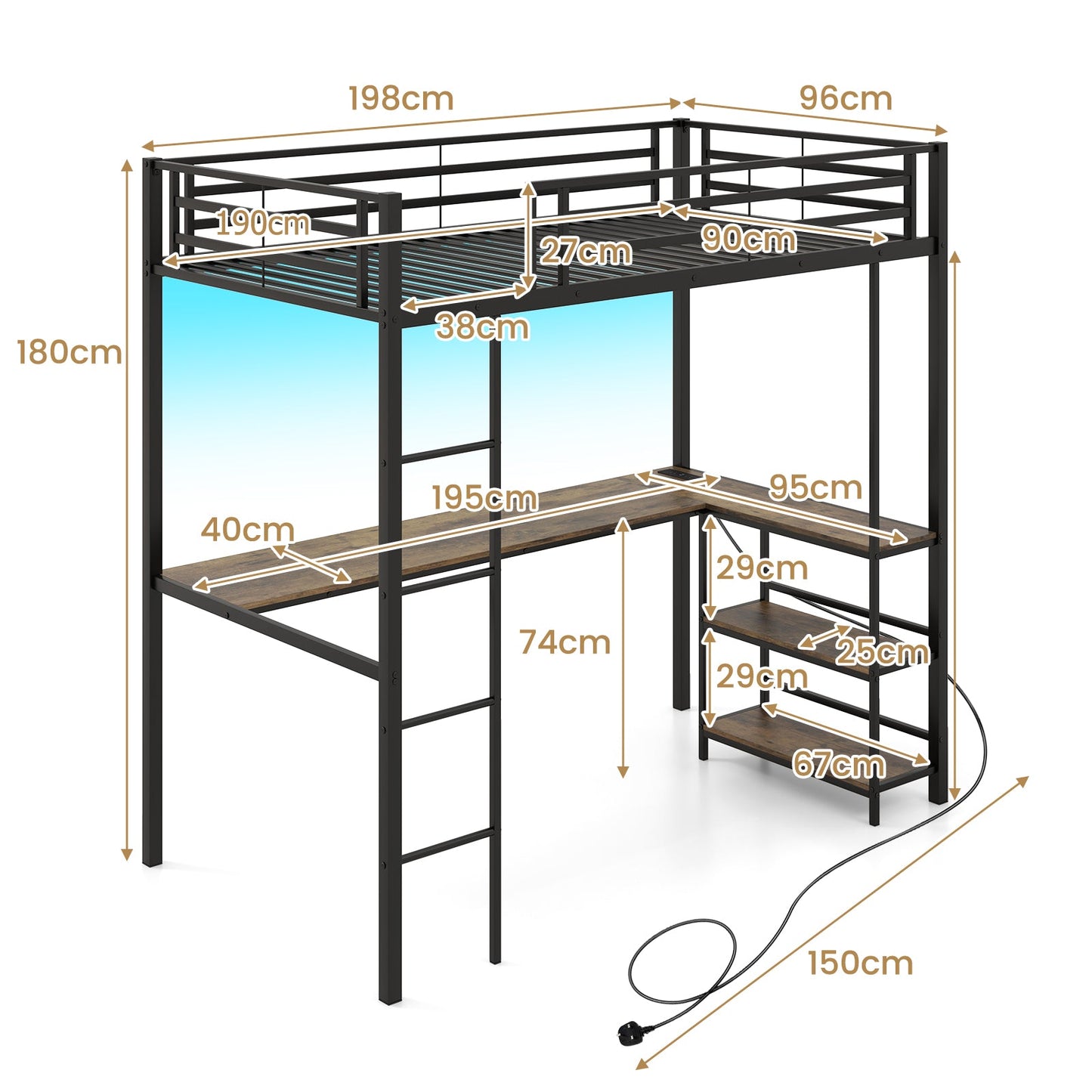 Loft Bed with Desk Single Platform Bed with LED Charging Station and Storage-Black