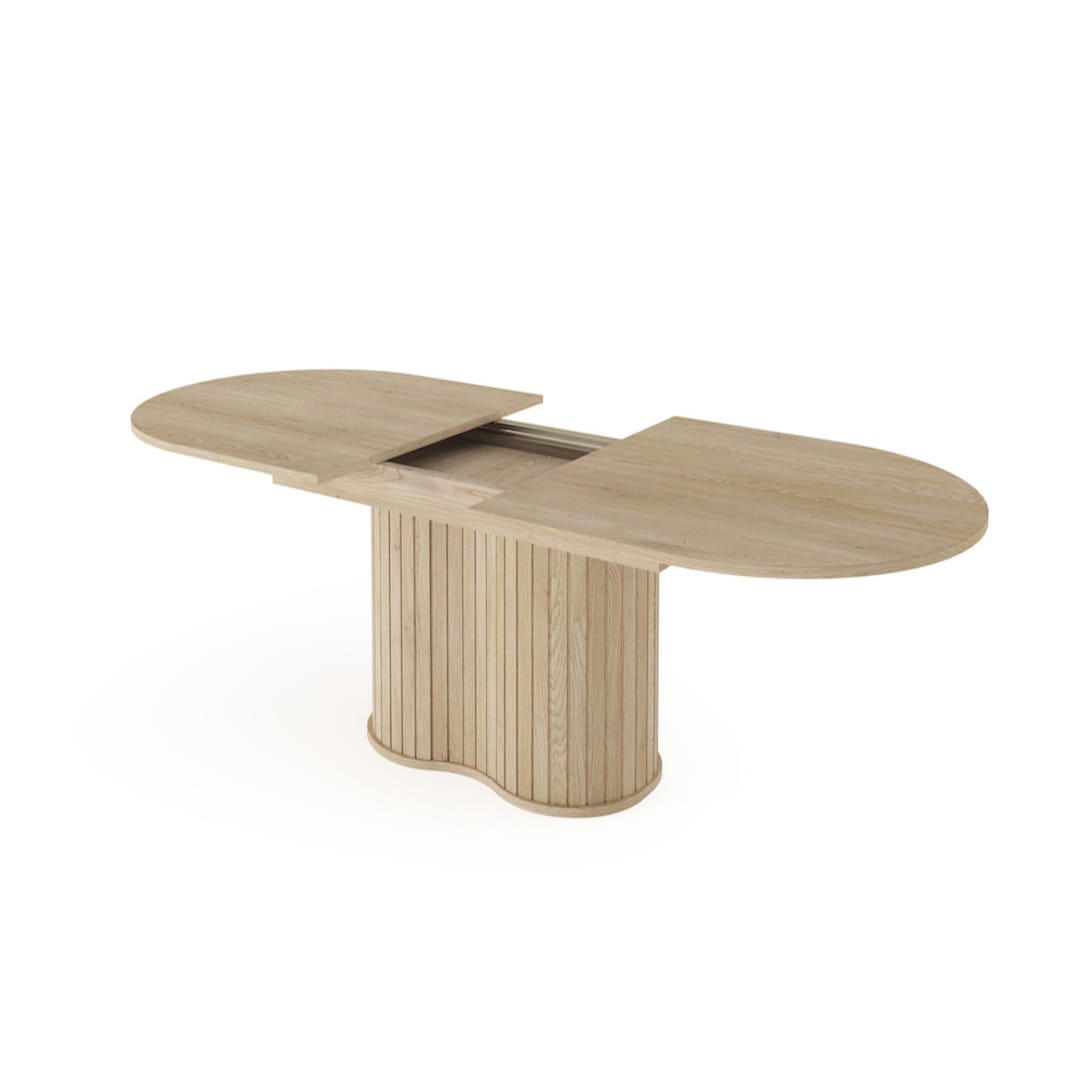Wooden dining table with two extendable leaves on a white background