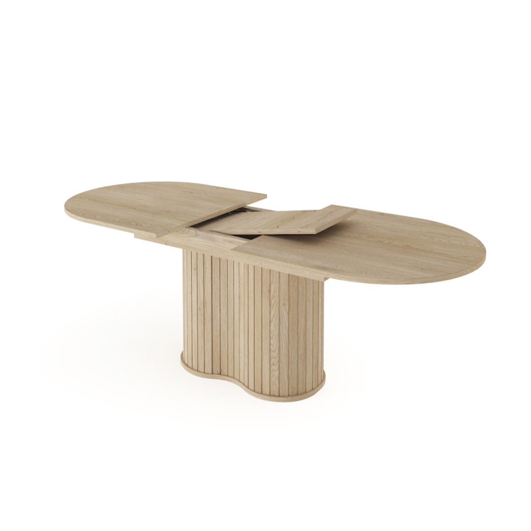 Wooden dining table with a unique design on a white background