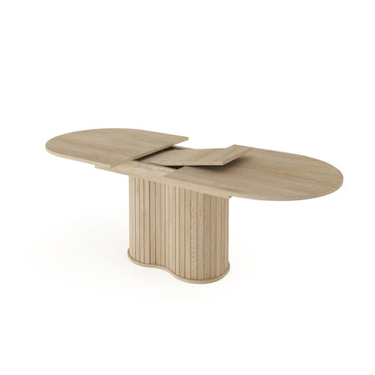 Wooden dining table with a unique design on a white background