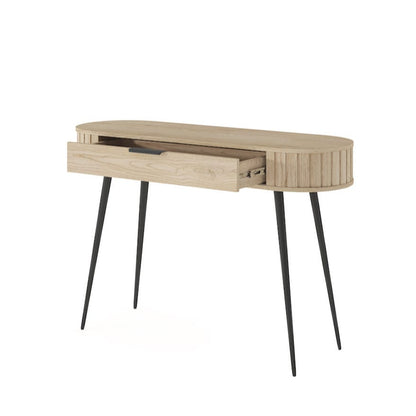Wooden console table with black legs on a white background