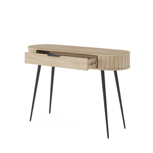 Wooden console table with black legs on a white background